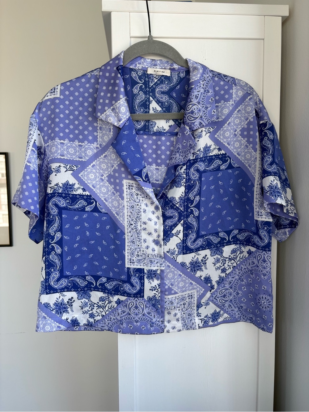Pleione Blue Bandana Patchwork Camp Shirt Cropped Button Front Size M Boho